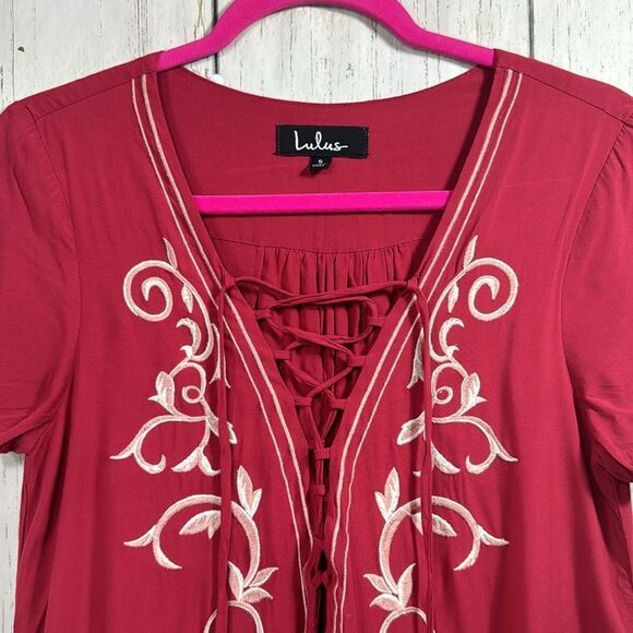 Lulus Embroidered Boho Lace Up Tassel Red Summer Beachy Tunic Mini Dress - Picture 7 of 16